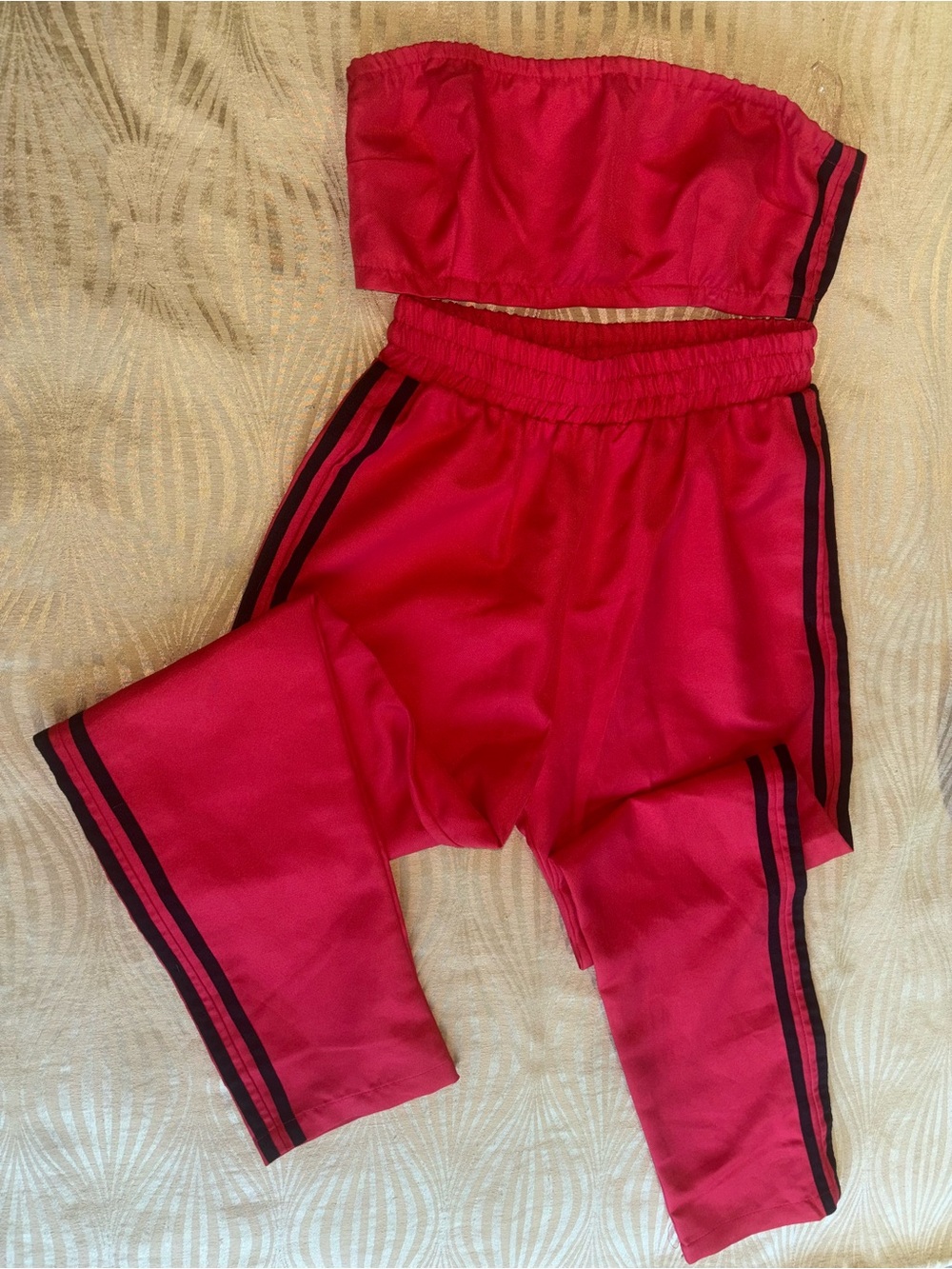 Black Red Matching Set Strapless Bandeau Top Jogger Track Pants Sporty Small